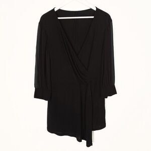 Max Mara Black Asymmetric Surplice Dress with Sheer Sleeves